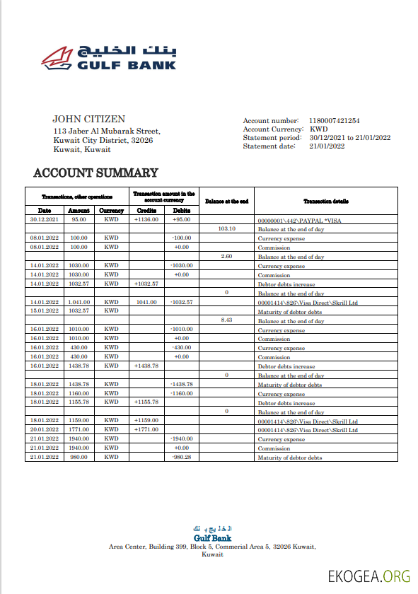 Modèle de relevé de la Koweït Gulf Bank au format Word et PDF
